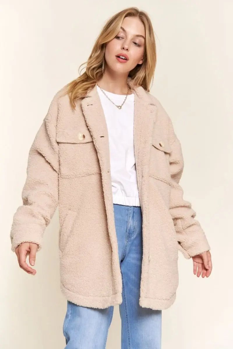 And The Why Teddy Sherpa Button Down Curved Hem Shacket - Love Salve